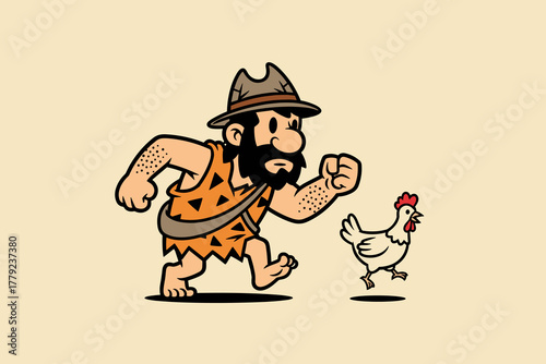 Caveman in a hat chasing a chicken.