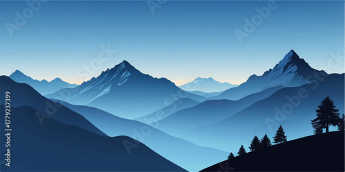 Deep ridge layers of blue and teal mountains stretching toward a pale horizon under soft morning haze. Natural light enhances smooth gradients and visual depth.