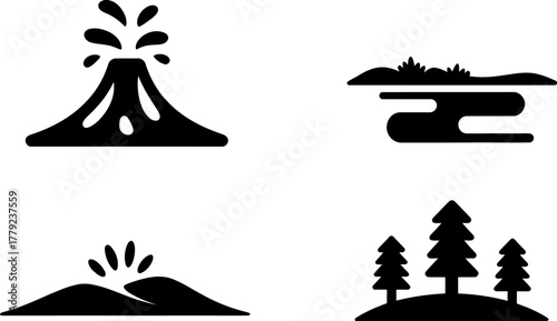 Collection of simple black and white icons depicting natural landscapes and geological phenomena.