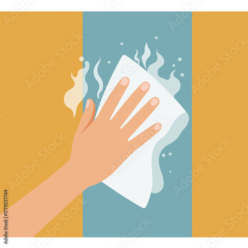 A hand, with a cloth, wipes a blue surface. Steam-like shapes and bubbles suggest cleaning action