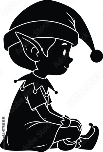 Cute sitting Christmas elf silhouette, adorable holiday helper cartoon design, festive elf clipart for Christmas decoration, kids illustration, magical winter art