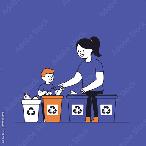 Illustration of a woman and child recycling plastic bottles into different colored bins, clean lines