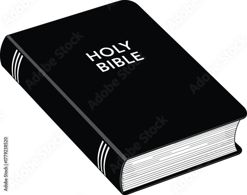 Holy Bible black cover closed book illustration, Christian scripture symbol, religious faith concept, spiritual literature graphic, isolated vector design for worship and devotion