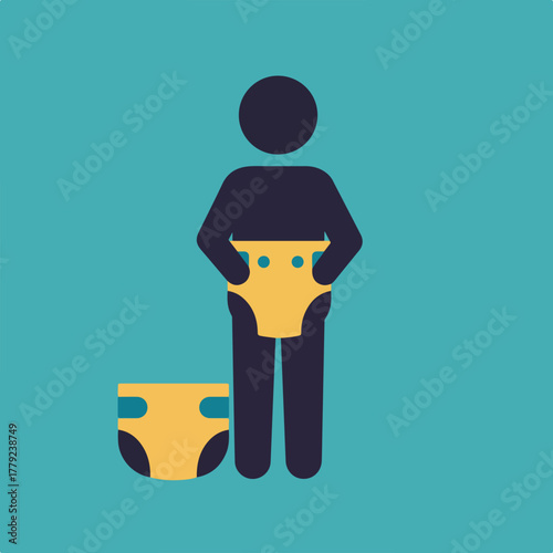 A stylized illustration features a person wearing a diaper, with a detached diaper alongside