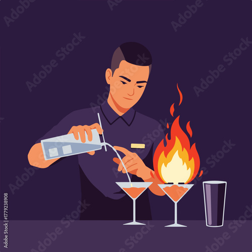 A bartender carefully prepares a flaming cocktail, adding liquid to two glasses as flames erupt