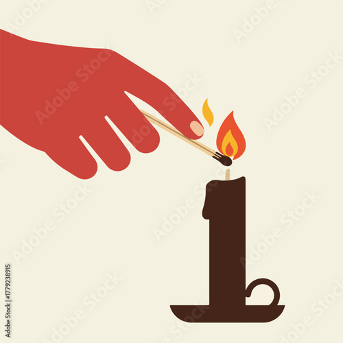 A red hand lights a brown candle with a match on an off-white background, with the flame burning