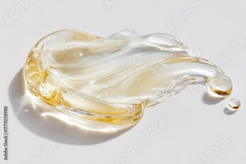 Gel. Yellow gel texture with bubbles swoosh swatch sample cosmetics. Cosmetic product close up. Facial jelly serum, cleanser, shower gel shampoo. Transparent drop isolate on white background. Liquid