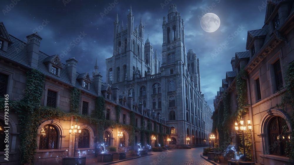 Fototapeta premium Majestic Gothic Castle Illuminated by Moonlight and Lanterns on a Mysterious Night