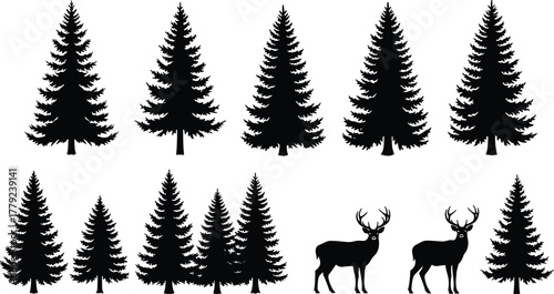 Pine tree and deer silhouette collection, forest wildlife vector design, nature illustration, outdoor landscape art, woodland scenery graphic, black animal and tree shapes