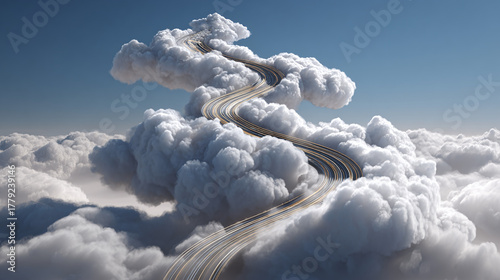 A road winding through fluffy clouds, symbolizing a journey towards the sky. The road's path creates a dreamy and surreal scene, filled with wonder
