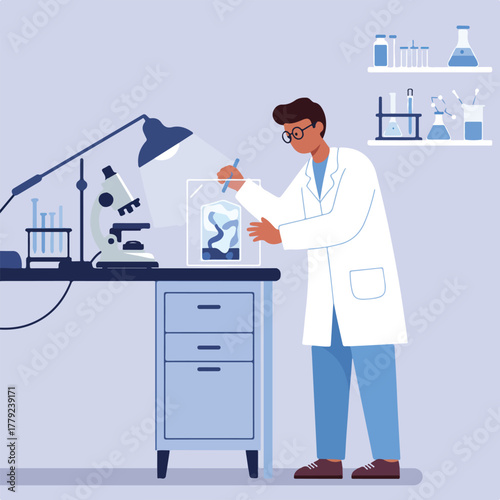 Scientist examines a sample inside a lab.  Microscope, desk, glassware and shelves. Neutral tones. Stylized