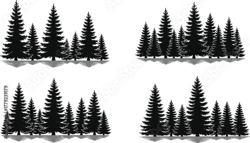 Pine tree forest silhouette collection, evergreen woodland landscape, black and white tree illustration, conifer forest vector art, nature outdoor design, winter woodland graphic