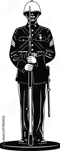 Royal guard soldier standing with rifle illustration, black and white vector of military officer in uniform, ceremonial security, traditional army guard artwork for design