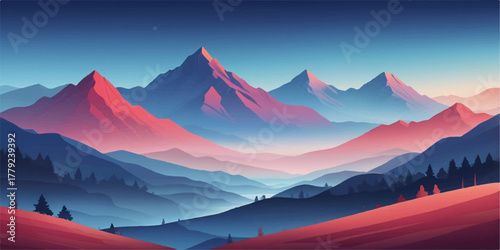Vivid red and blue mountains reflecting evening light, dramatic color harmony perfect for art visuals.