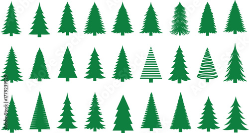 Set of green pine tree silhouettes, vector evergreen forest icons collection, Christmas fir tree symbols, winter nature illustration, minimalist conifer graphic design isolated background