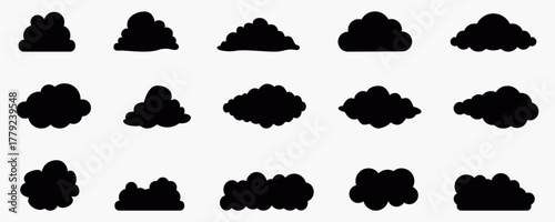 Cartoon cloud silhouette vector collection featuring different shapes and styles for weather, nature, and sky illustration, minimal flat icon set for digital design projects
