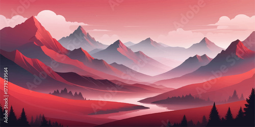 Deep gorge between layered silhouettes of sharp rocky ridge spurs under huge snow-capped mountain in lite gold blue gradient sky. Sheer crags of mount valley under giant ice top of red sunset color 