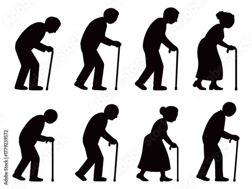 Elderly stickman silhouettes with walking cane showing senior people movement and posture, black vector icons for aging and healthcare design