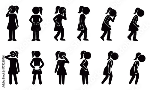 Stickman silhouettes of pregnant women showing stages of pregnancy, maternity and motherhood black vector icons for family, health, and lifestyle concept illustrations