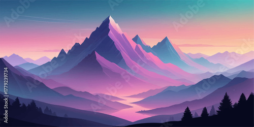 A serene mountain landscape with soft blue and purple hues, showcasing layered peaks under a misty sky — perfect for nature-themed backgrounds or travel design concepts.
