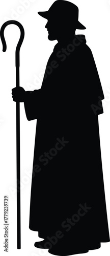 Silhouette of shepherd man standing with staff, traditional clothing and hat, isolated vector illustration representing countryside life, farming culture and rural lifestyle art