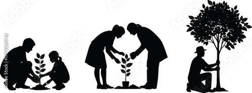 Silhouette of people planting trees, environmental conservation vector illustration, family gardening concept, save nature awareness, tree care, reforestation, green ecology