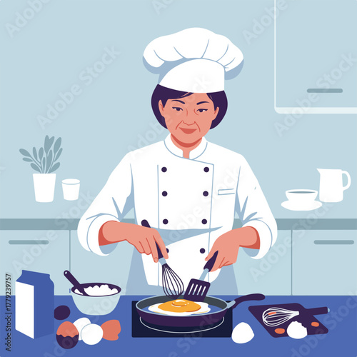 A chef in a white uniform cooks eggs in a pan, in a kitchen setting. Ingredients surround. Kitchen tools near
