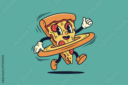 Retro Cartoon Pizza Slice Character Jumping with Thumbs Up.