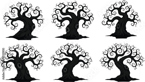 Spooky twisted tree silhouette illustration, creepy Halloween tree vector, dark forest artwork, haunted nature design, mysterious curly branches graphic