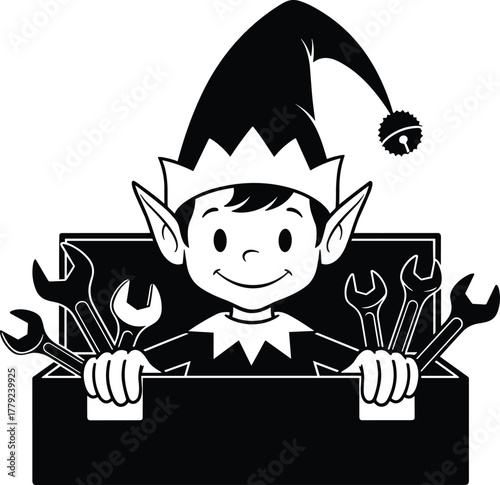 Smiling Christmas elf cartoon holding toolbox with wrenches, black and white festive workshop helper illustration, holiday repair worker vector art, Santa’s mechanic elf design