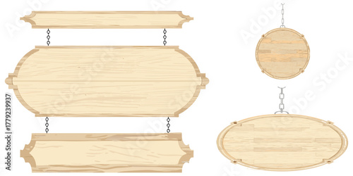 A natural wood hanging signboard with a smooth polished surface, realistic vector rendering.