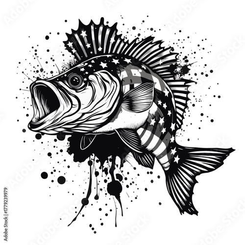 An artistic fish with a unique aesthetic, a monochrome masterpiece featuring an open-mouthed fish with intricate patterns and ink splatters, with graphic elements.