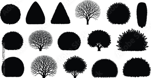Tree and bush silhouettes collection, various plant shapes, trimmed hedge and foliage vector set, black botanical illustration, landscape design elements, nature graphic icons,