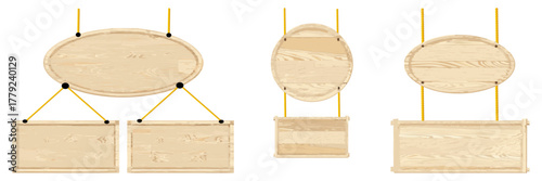 A realistic vector illustration of a blank wooden sign with natural wood grain, hanging on thin cords