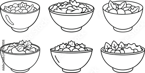 Set of salad bowl outline vector illustration line art
