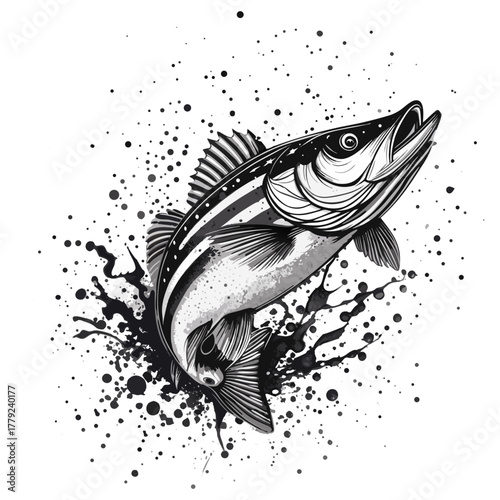 A striking black and white illustration of a fish leaps dramatically against a backdrop of dynamic ink splashes, captured in a photorealistic art piece.