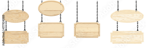 A realistic vector image of an empty rectangular wood sign with rounded corners and silver hooks.