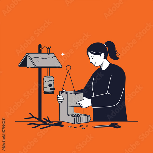 A person prepares a bird feeder with seeds and tools against an orange background