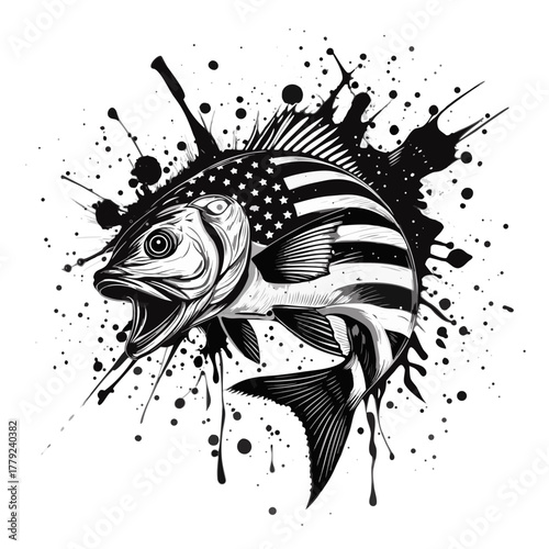 A patriotic fish, showcasing the American flag design with an artistic, ink splash effect, celebrates the spirit of freedom and national pride.