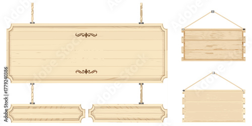A realistic vector of a hanging signboard made of light-colored wood with subtle shadows.