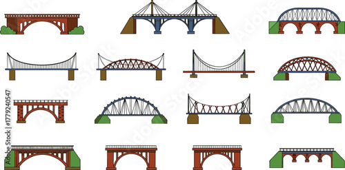 Colorful vector bridge illustration set, different architectural bridge designs, modern and classic structures, transportation and engineering concept, construction icons collection