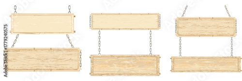 A rectangular empty wooden hanging sign with chain links, realistic texture and lighting