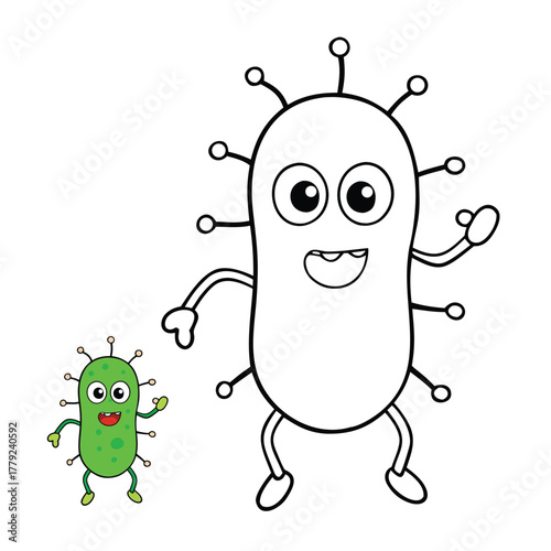 Fun germ coloring page with cute and spooky microbes! Swirling, smiling bacteria and virus characters invite creativity while learning about tiny worlds in a playful, imaginative wa