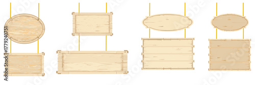 A rustic-style blank hanging sign made of natural timber planks, realistic vector illustration.