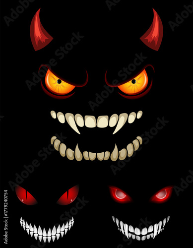 sinister face outlined with a wide toothy grin and piercing eyes on a black background, evoking an eerie and menacing feeling vector illustration cartoon stock