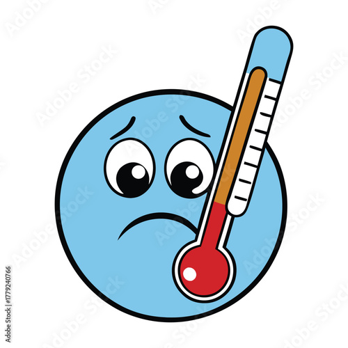  A sick emoticon with pink cheeks and sad eyes holds A thermometer in its mouth. Wrapped in a tiny scarf, it looks unwell but still cute, making the cold look adorable.