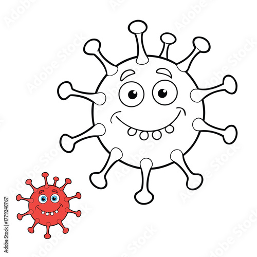 A fun and educational virus coloring page featuring a cute, spiky microbe with big eyes, ready for kids to color while learning about germs and health.
