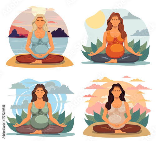 meditating pregnant young woman sitting in yoga pose cartoon stock vector illustration isolated on white background