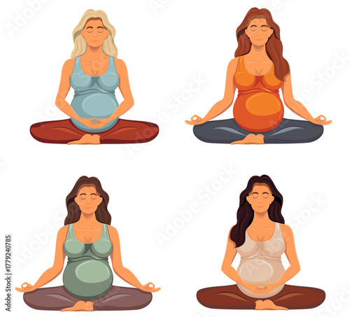 meditating pregnant young woman sitting in yoga pose cartoon stock vector illustration isolated on white background