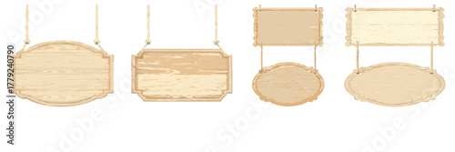 A vector illustration of a blank carved wooden sign with decorative edges, hanging from ropes